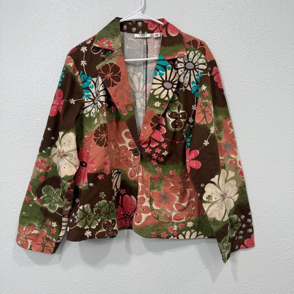 Cato Woman Floral Patchwork Sequin Blazer Jacket Brown Green Pink Size 14/16W